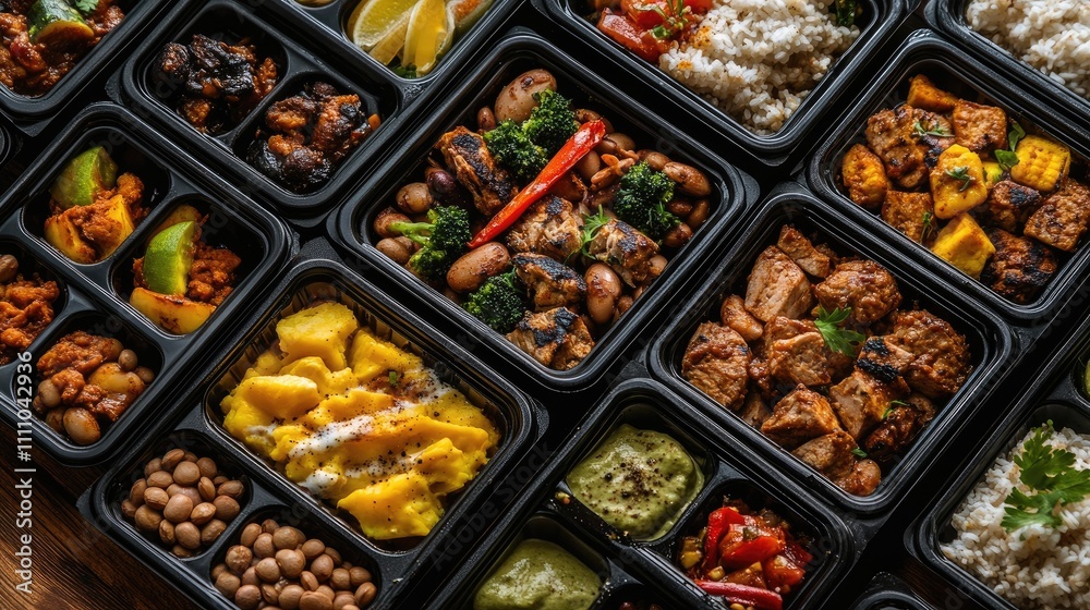 Colorful Variety of Healthy Meal Prep in Black Containers Aesthetic Colorful Variety of Healthy Meal Prep in Black Containers Aesthetic