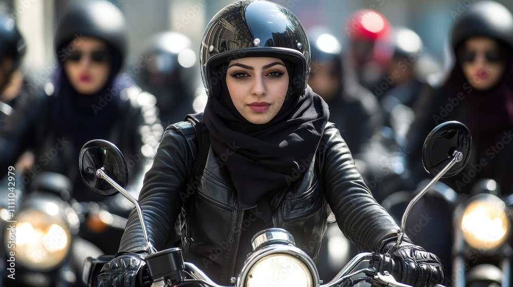 A group of women in hijabs riding motorcycles, showcasing empowerment and unity. A group of women in hijabs riding motorcycles, showcasing empowerment and unity.