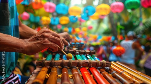 Vibrant Bamboo Xylophone Performance at Colorful Outdoor Festival