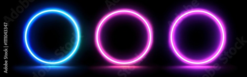 Modern halo neon glow effect. Flare shine portal with energy in purple and green colors. Round frame with radial orb design. Planet sparkle with lens on edge.