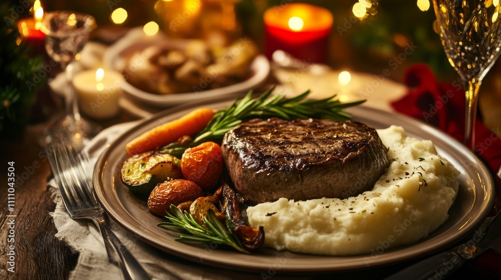 Photo of, A sizzling steak cooked to perfection, served with roasted vegetables and mashed potatoes Photo of, A sizzling steak cooked to perfection, served with roasted vegetables and mashed potatoes