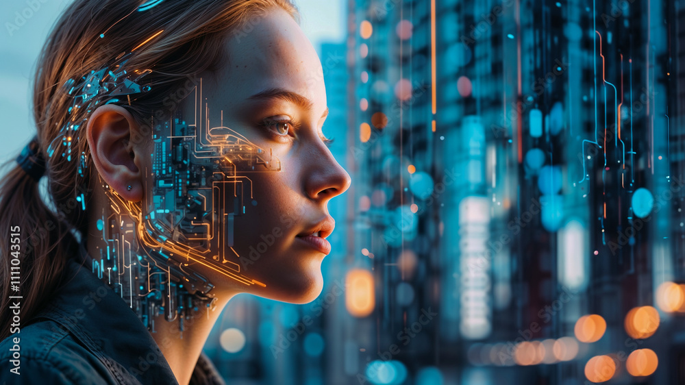 Futuristic Portrait of a Woman: Digital AI Elements and Urban Motion Blur. Futuristic Portrait of a Woman: Digital AI Elements and Urban Motion Blur.