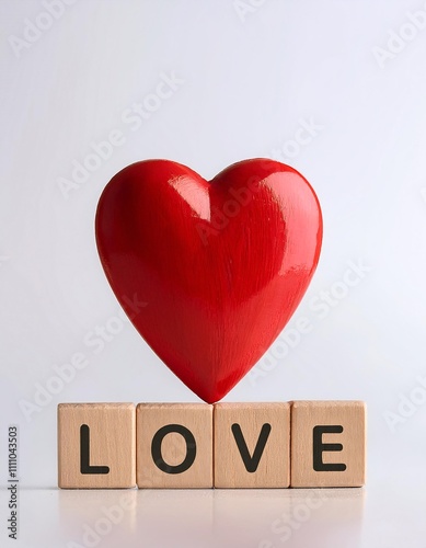 A wooden cube displaying the word LOVE and a red heart set against a white backdrop serves as a fitting love symbol with room for additional imagery photo