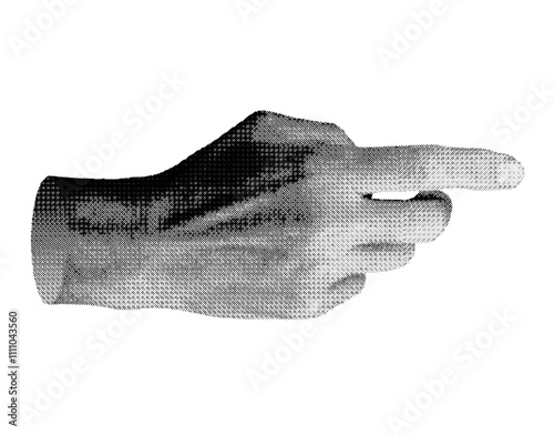 Finger pointing gesture, touching, showing. Index finger, pointer indicating aside, to right side. isolated on white background. Halftone dotted retro style vector