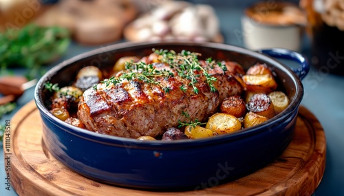 Indigo colored baking dish, in a baking dish, cooked seasonal vegetables and beef meat, balanced delicious lunch - baked vegetables with meat