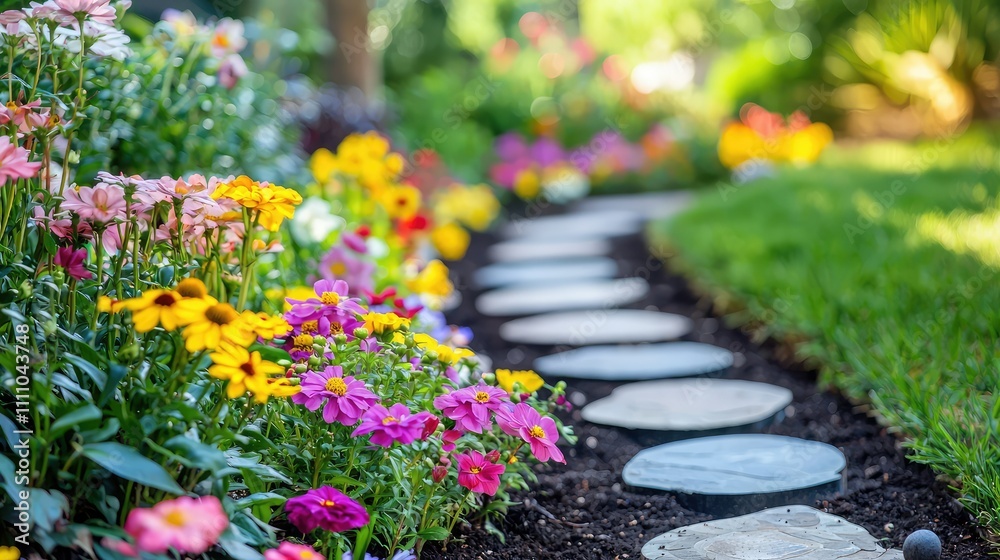 Colorful Flower Bed Along a Pathway of Stepping Stones in a Lush Garden with Vibrant Blooms and Green Grass Under Bright Sunshine Colorful Flower Bed Along a Pathway of Stepping Stones in a Lush Garden with Vibrant Blooms and Green Grass Under Bright Sunshine