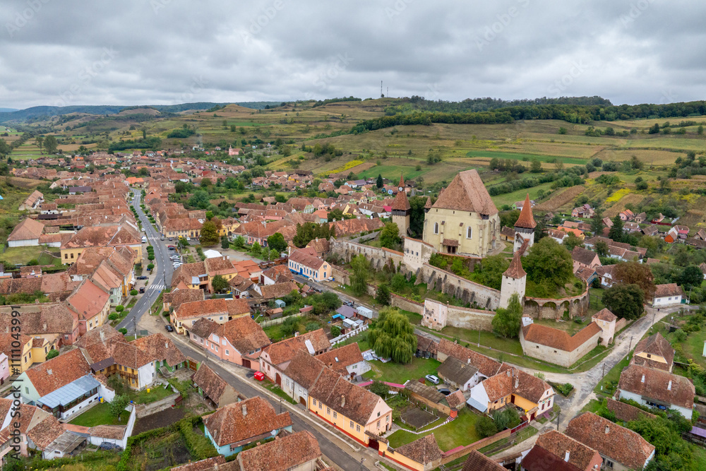 defaultBiertan - Aerial Drone View of Transylvanian Village, Romania