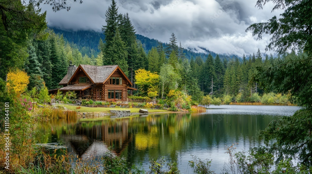 Serene Log Cabin Beside Tranquil Lake Amidst Lush Green Forest and Majestic Mountains Under Dramatic Cloudy Sky in Autumn Colors Serene Log Cabin Beside Tranquil Lake Amidst Lush Green Forest and Majestic Mountains Under Dramatic Cloudy Sky in Autumn Colors