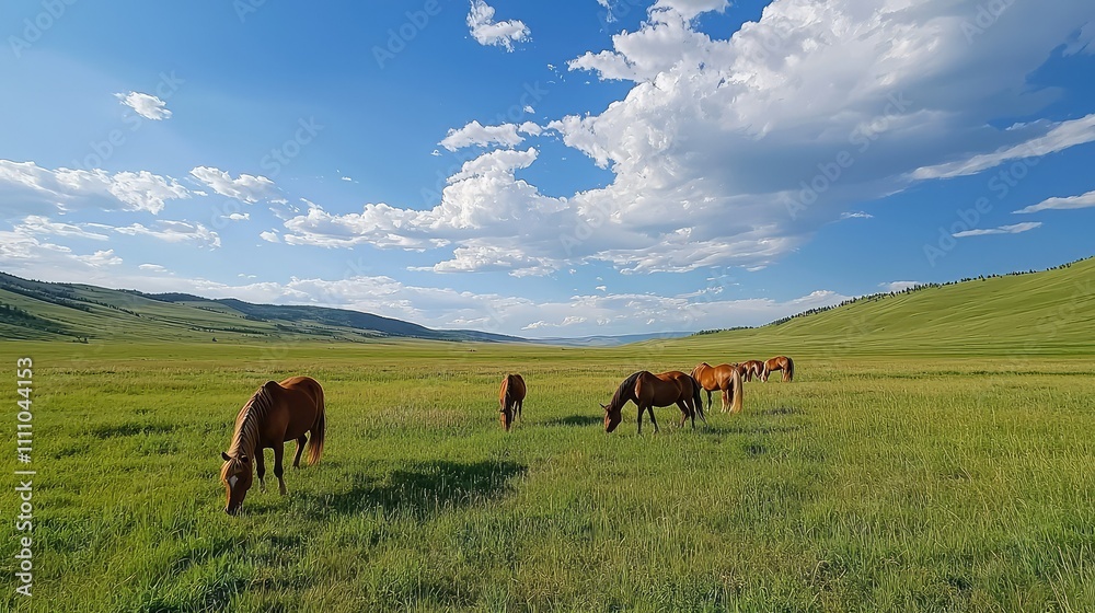 Majestic Horses Grazing in a Lush Green Meadow Under a Vibrant Blue Sky with Fluffy White Clouds in an Expansive Natural Landscape Majestic Horses Grazing in a Lush Green Meadow Under a Vibrant Blue Sky with Fluffy White Clouds in an Expansive Natural Landscape