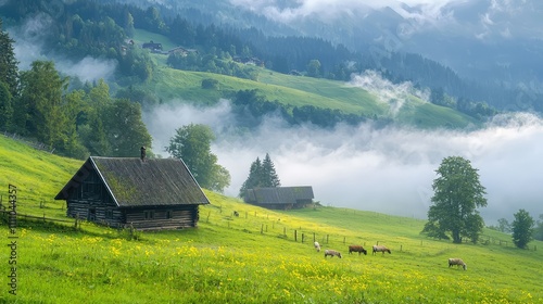 Serene Misty Landscape with Rustic Cabins, Green Pastures, and Grazing Cows Under a Soft Cloudy Sky in a Peaceful Valley Setting