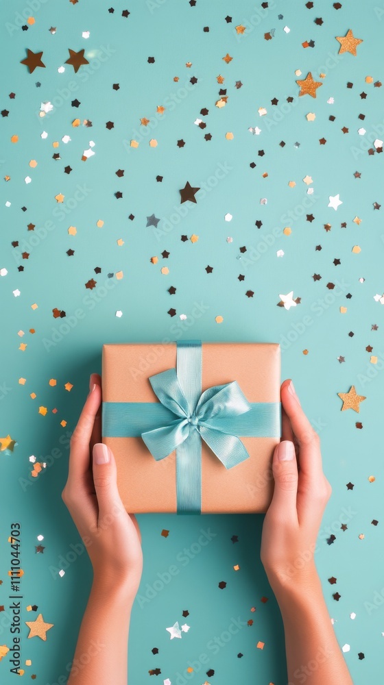 Gift box held by hands surrounded by festive stars and confetti on turquoise background Gift box held by hands surrounded by festive stars and confetti on turquoise background