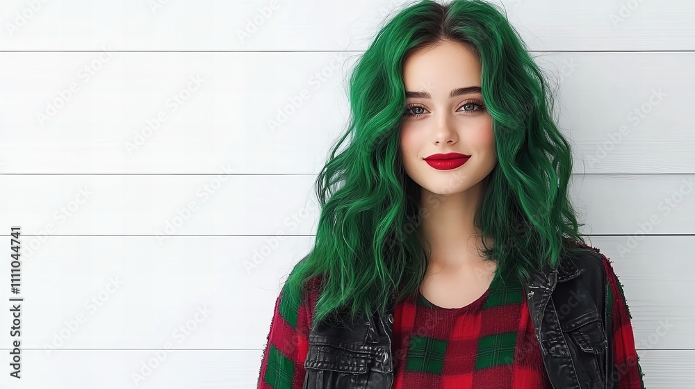 Young woman with vibrant green hair and red lips, wearing a plaid shirt, smiling in a cozy setting. Young woman with vibrant green hair and red lips, wearing a plaid shirt, smiling in a cozy setting.