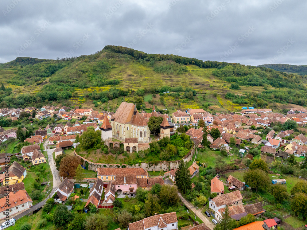 defaultBiertan - Aerial Drone View of Transylvanian Village, Romania