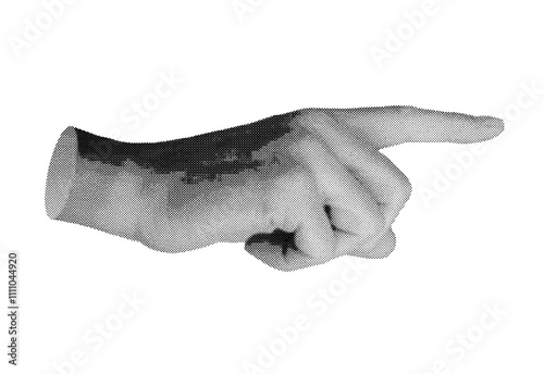 Finger pointing gesture, touching, showing. Index finger, pointer indicating aside, to right side. isolated on white background. Halftone dotted retro style vector