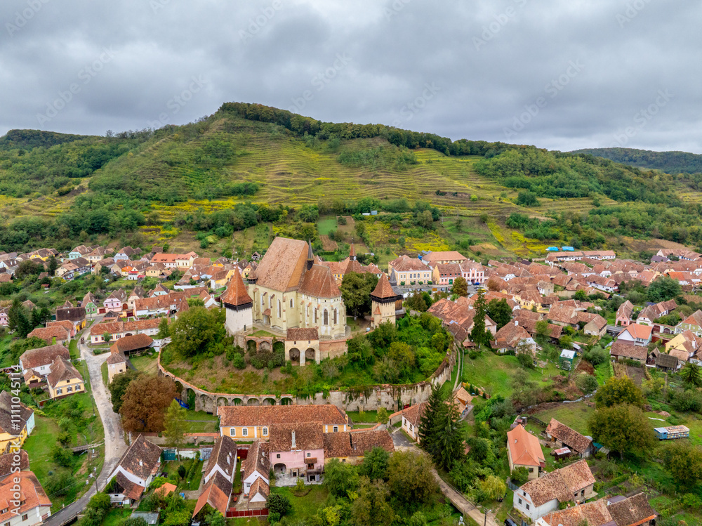 defaultBiertan - Aerial Drone View of Transylvanian Village, Romania