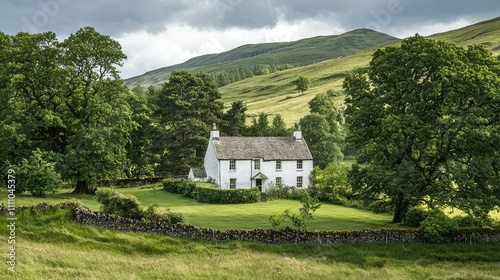 Serene Countryside Scene Featuring a Charming White House Surrounded by Lush Greenery and Rolling Hills Under a Dramatic Sky in Scotland's Scenic Landscape