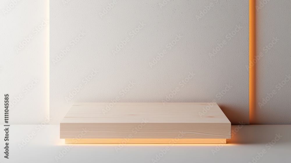 A minimalist wooden shelf with soft orange lighting against a textured wall creates a warm and modern ambiance. A minimalist wooden shelf with soft orange lighting against a textured wall creates a warm and modern ambiance.
