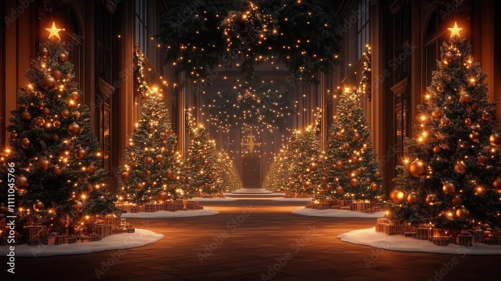 3D rendered Christmas trees and ornaments creating a festive and elegant holiday atmosphere. 3D rendered Christmas trees and ornaments creating a festive and elegant holiday atmosphere.