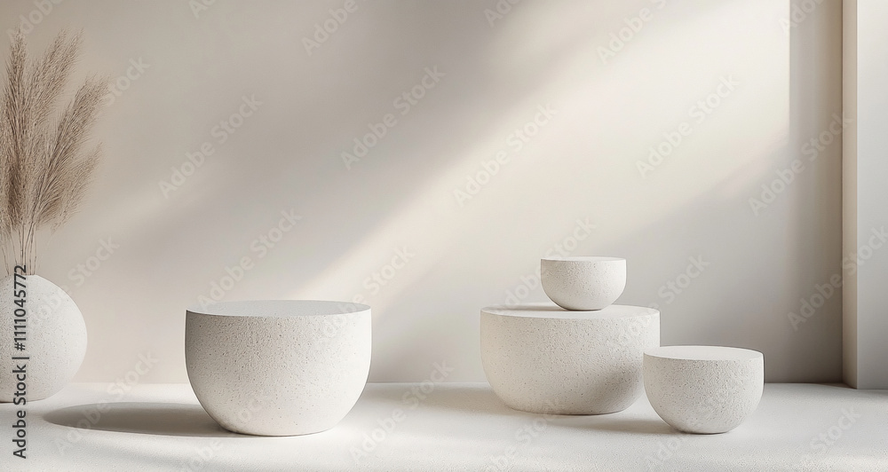 Minimalist interior design featuring sculptural white bowls and vases in a softly lit room Minimalist interior design featuring sculptural white bowls and vases in a softly lit room