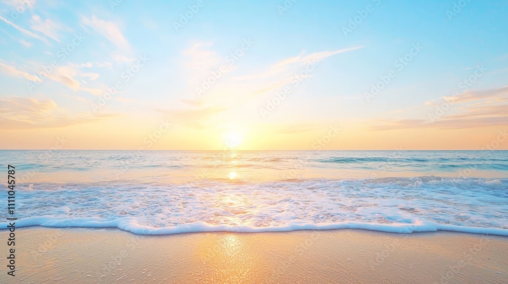 Serene Sunset on a Sandy Beach with Gentle Waves - Tranquil Ocean Landscape Serene Sunset on a Sandy Beach with Gentle Waves - Tranquil Ocean Landscape