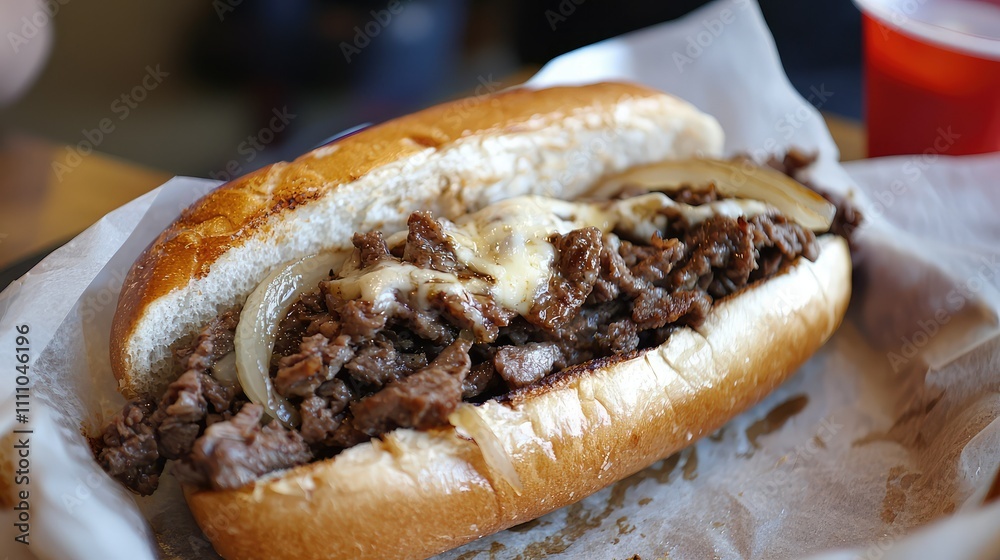Delicious Cheese Steak Sub Sandwich with Juicy Steak, Onions, and Melted Cheese Served on Soft Bread in a Casual Dining Setting