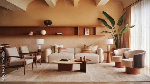 A living room with a couch  a table  and a plant in the corner and interior design concept.