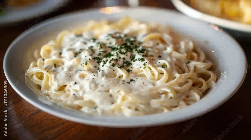 Creamy Fettuccine Alfredo Served in a White Dish with Fresh Herbs and Grated Cheese on a Rustic Wooden Table Background