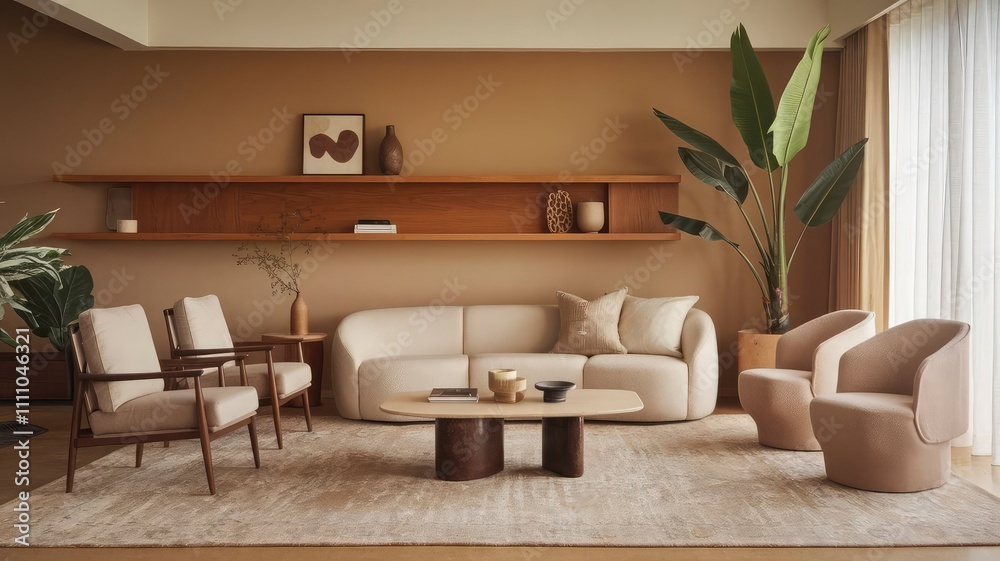 Fototapeta premium A living room with a couch, a table, and a plant in the corner and interior design concept.