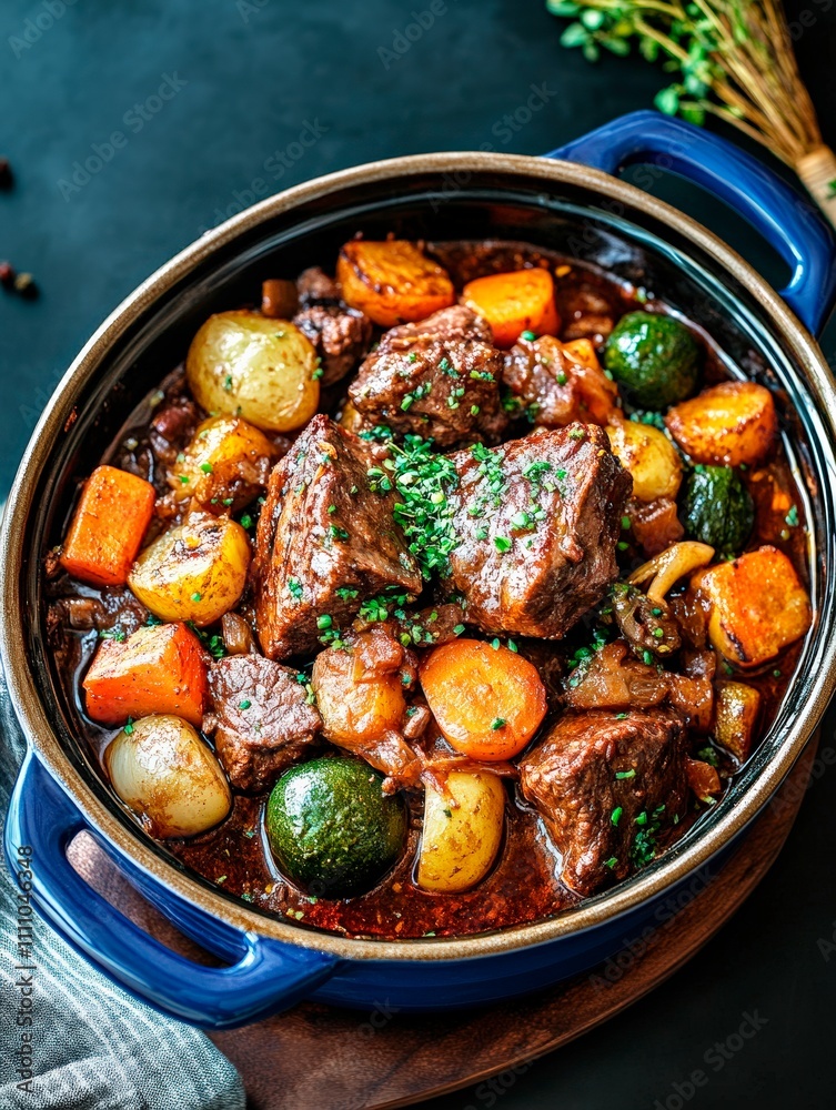 Indigo colored baking dish, in a baking dish, cooked seasonal vegetables and beef meat, balanced delicious lunch - baked vegetables with meat Indigo colored baking dish, in a baking dish, cooked seasonal vegetables and beef meat, balanced delicious lunch - baked vegetables with meat
