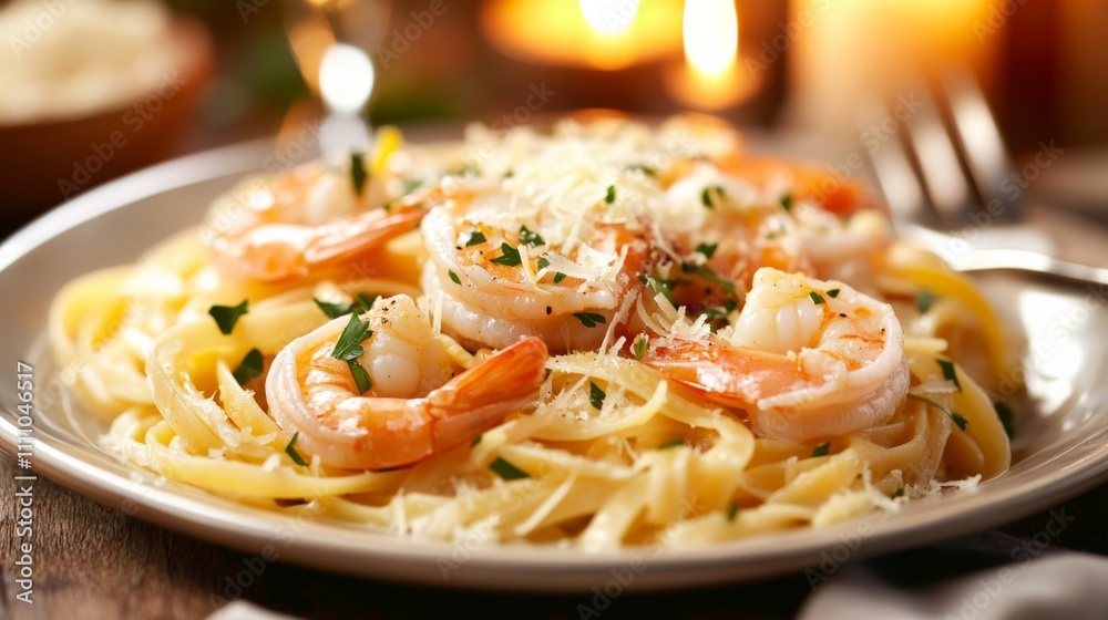 Photo of, A sumptuous plate of shrimp scampi served over a bed of linguine pasta, tossed in a garlic butter sauce with lemon zest and fresh parsley