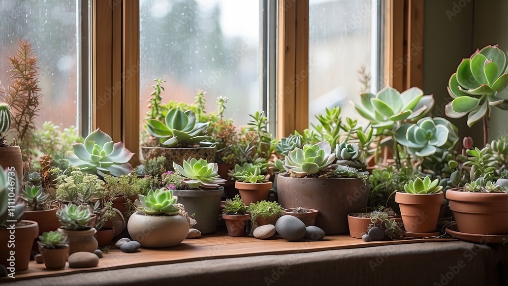 Indoor succulent garden in a warm, cozy living room with frost outside the window Indoor succulent garden in a warm, cozy living room with frost outside the window