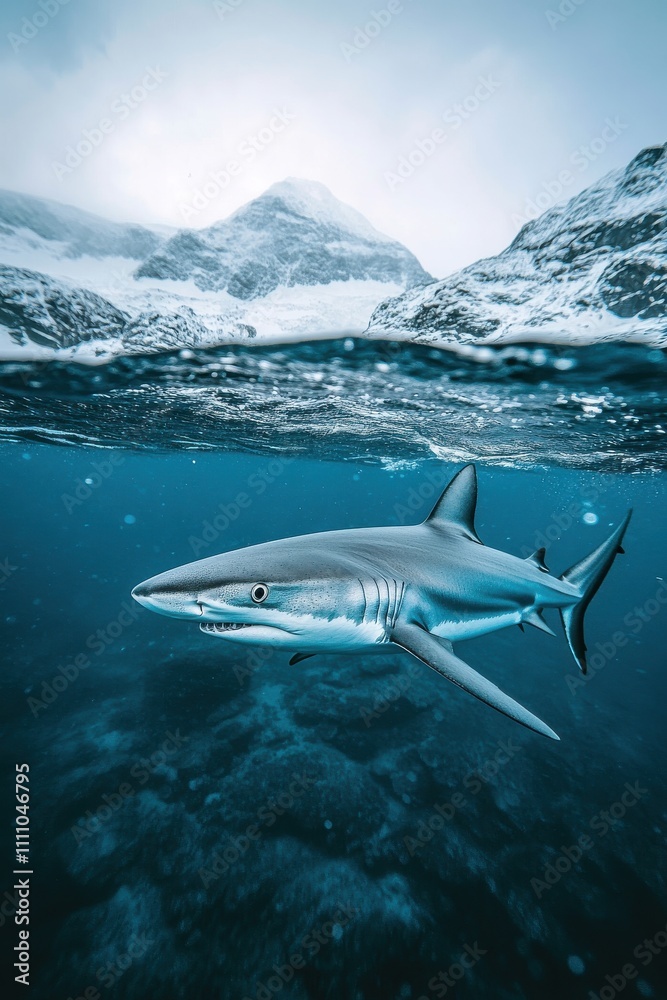 Fototapeta premium Underwater Scene of a Shimmering Shark Swimming Gracefully in Crystal Clear Ocean Water Surrounded by Majestic Mountains and Mysterious Clouds Above