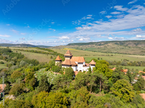 Obraz na płótnie Viscri - Aerial Drone View of Transylvanian Village, Romania w salonie