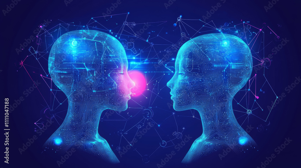 Human contact with artificial intelligence. Polygonal design. Blue background. Human contact with artificial intelligence. Polygonal design. Blue background.