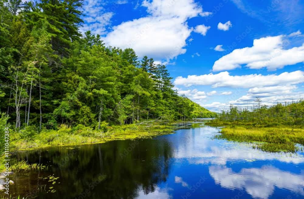 Nature's tranquility by the serene lake surrounded by lush trees and a bright blue sky in the afternoon light Nature's tranquility by the serene lake surrounded by lush trees and a bright blue sky in the afternoon light