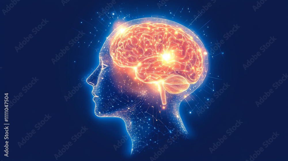 Obraz premium Futuristic artificial intelligence or face recognition concept with glowing low polygonal human head in profile isolated on dark blue background. 