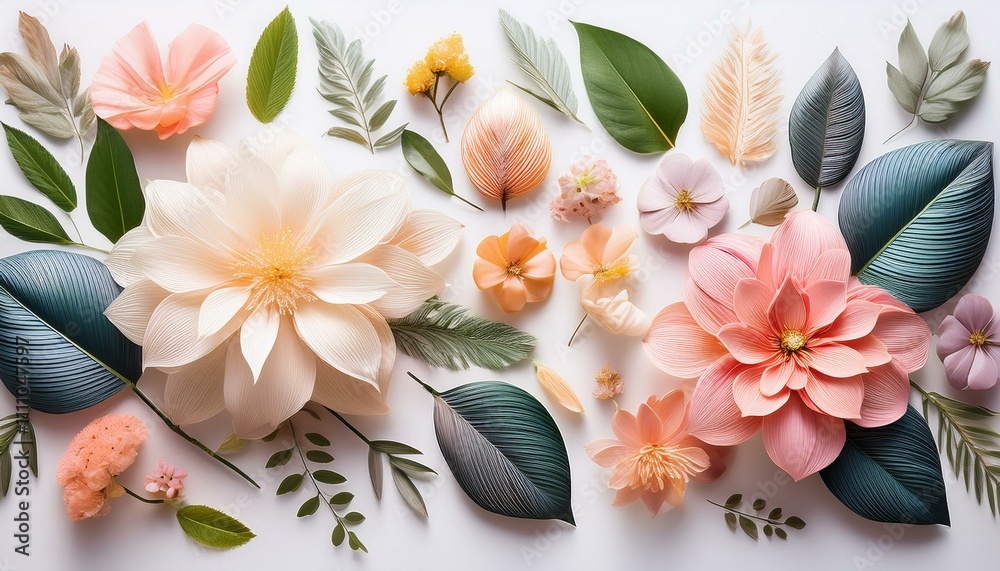 Peach and blush paper flowers arranged with various green leaves on a white background. Peach and blush paper flowers arranged with various green leaves on a white background.
