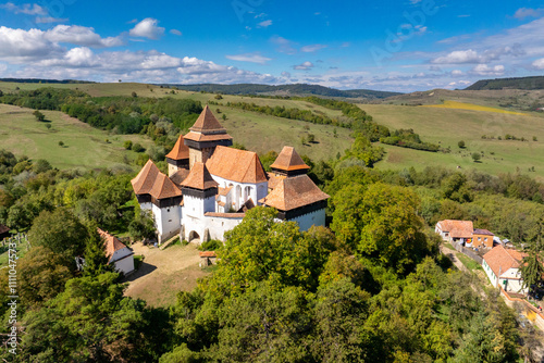 Obraz na płótnie Viscri - Aerial Drone View of Transylvanian Village, Romania w salonie