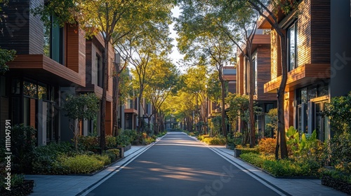 Luxury Residential Street, Modern Architecture, Tree-Lined Avenue