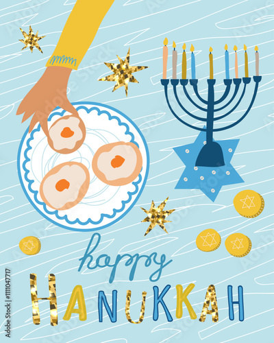  Happy Hanukkah. Hand-drawn illustration with glitter effect elements and a festive inscription. Traditional Jewish festival of light. Background for banner ,poster, web design, greeting card.	
