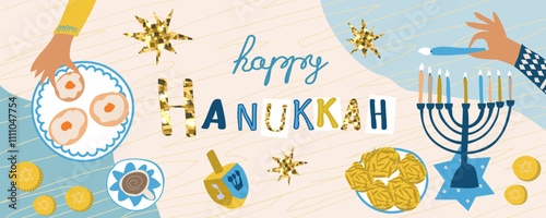  Happy Hanukkah. Hand-drawn illustration with glitter effect elements and a festive inscription. Traditional Jewish festival of light. Background for banner ,poster, web design, greeting card.	
