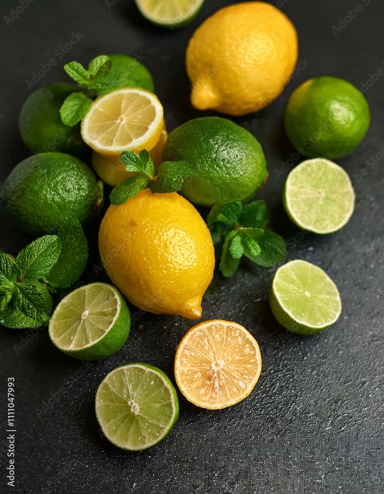 Fresh lemons and limes with mint leaves on a dark background. Fresh lemons and limes with mint leaves on a dark background.