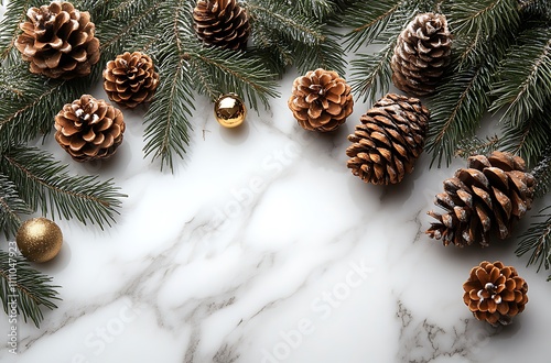 Pine Cones and Needles on Marble Surface. photo