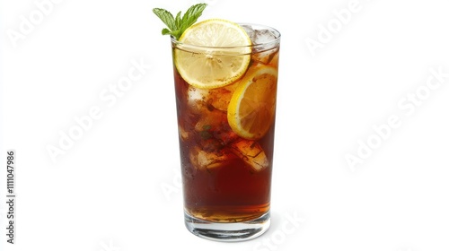 Refreshing glass of iced tea with fresh lemon slices and mint garnish on a bright white background, perfect for summer beverage promotions and lifestyle imagery