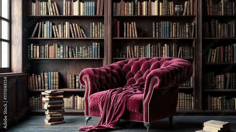 Cozy Reading Corner with Plush Burgundy Sofa Surrounded by Stacked Vintage Books in Elegant Library
