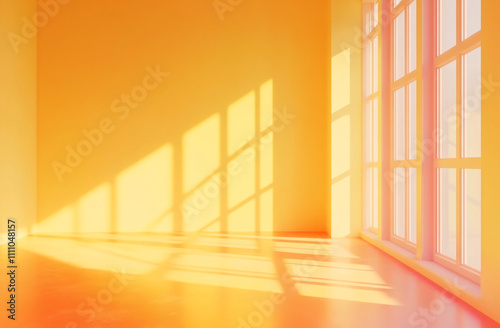 Bright room with golden sunlight streaming through large windows in a serene atmosphere