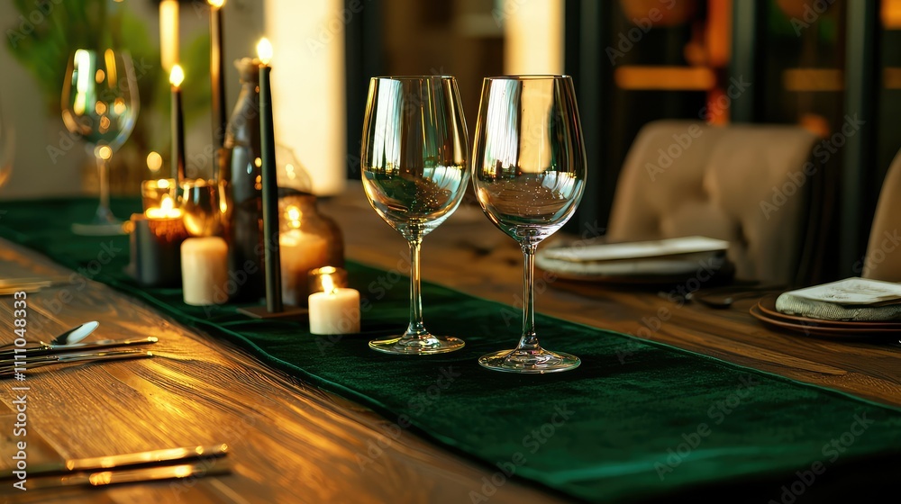 Elegant Dining Table Setting with Sparkling Glassware, Soft Candlelight, and Rich Textures for a Luxurious Dinner Experience Elegant Dining Table Setting with Sparkling Glassware, Soft Candlelight, and Rich Textures for a Luxurious Dinner Experience