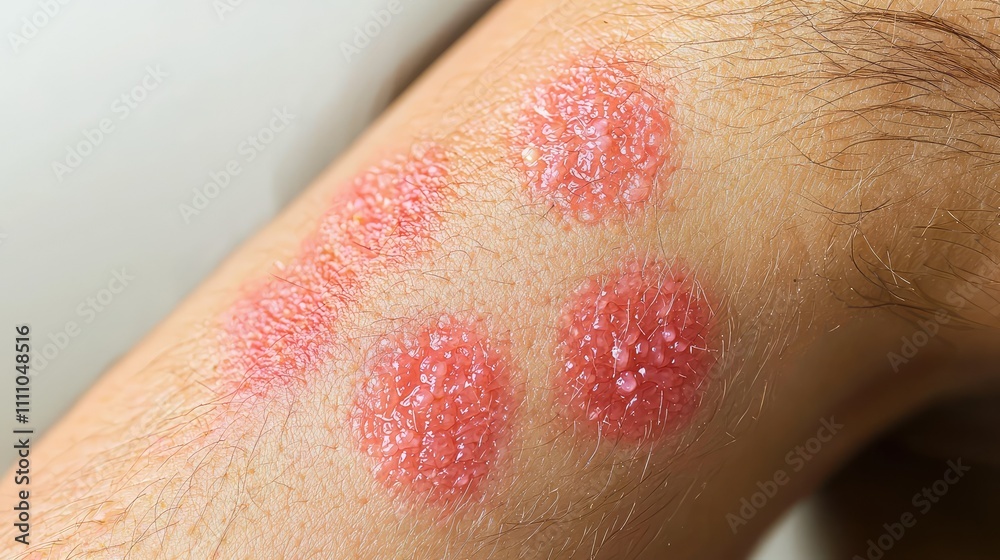 Fototapeta premium Close-Up View of Psoriasis Plague on Human Skin Showing Red, Raised, Scaly Lesions with a Focus on Texture and Detail for Dermatological Reference