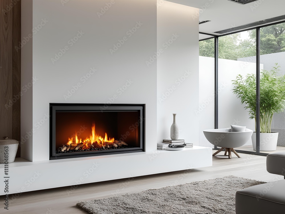 Cozy and warm fireplace in a modern house's living room with a soft, light-toned color palette Cozy and warm fireplace in a modern house's living room with a soft, light-toned color palette