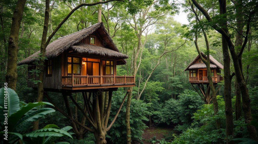 Treehouses in the Amazon, woven amidst emerald canopies. Treehouses in the Amazon, woven amidst emerald canopies.